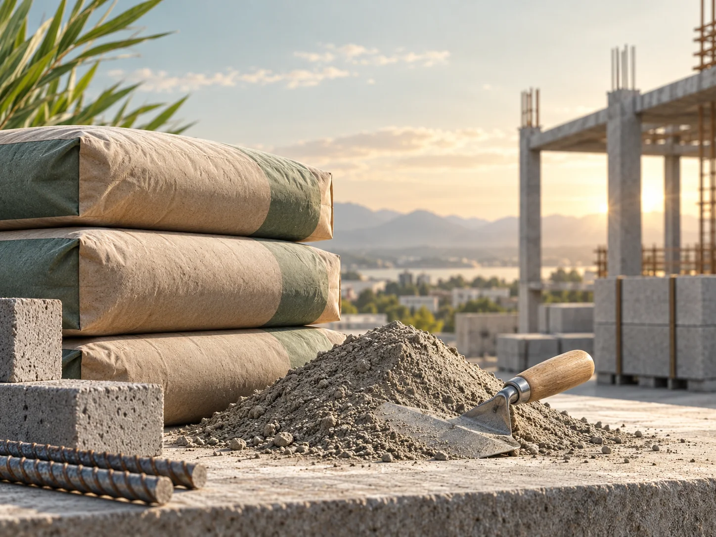 Cement bags, cement powder and a trowel beside a building under construction.