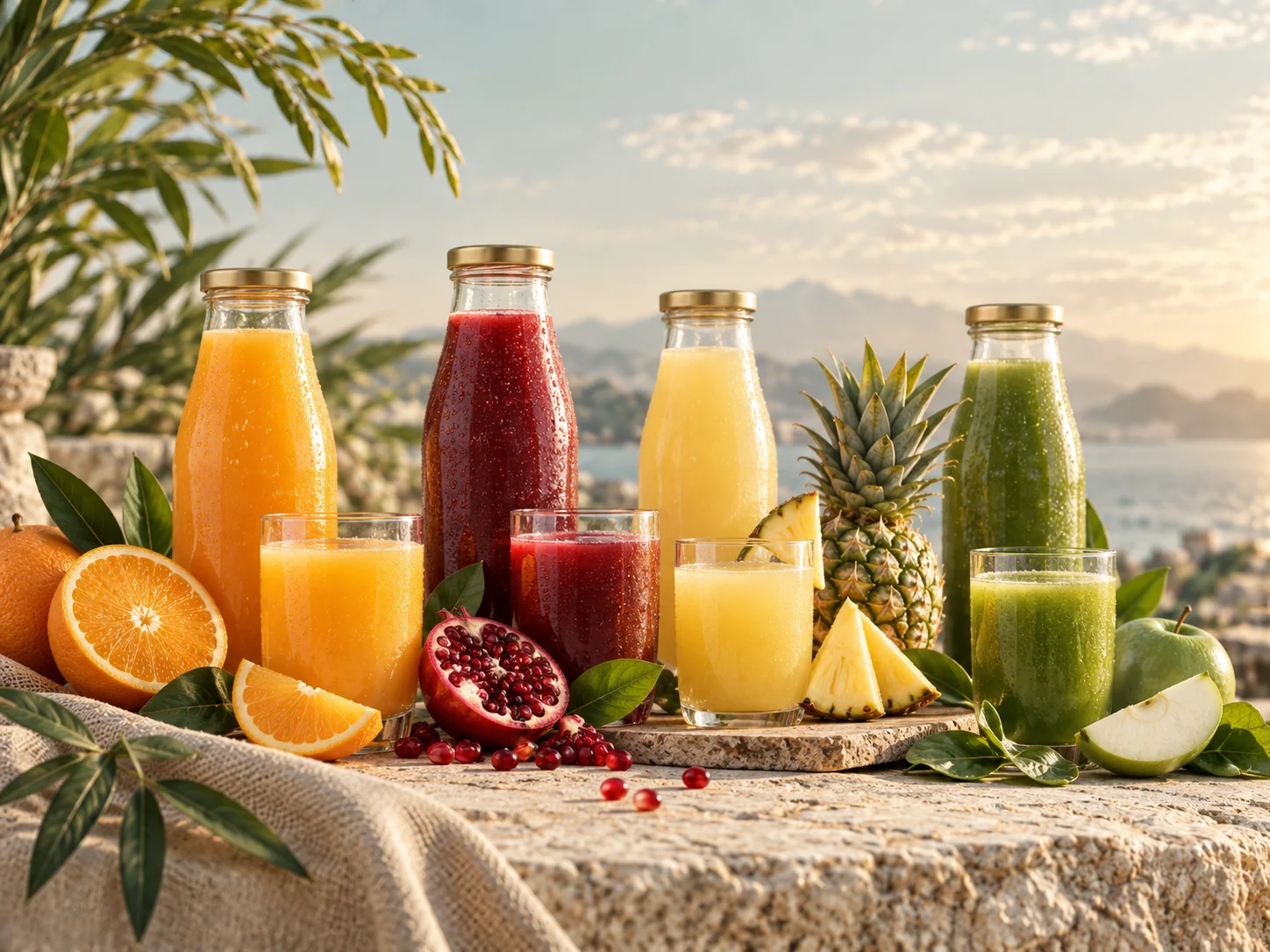 Colourful fruit juices in bottles and glasses with fresh fruit.