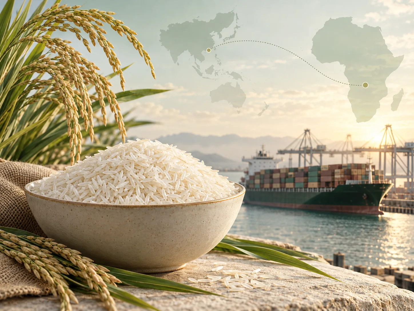 Rice, golden grain stalks and a container ship at a harbour.