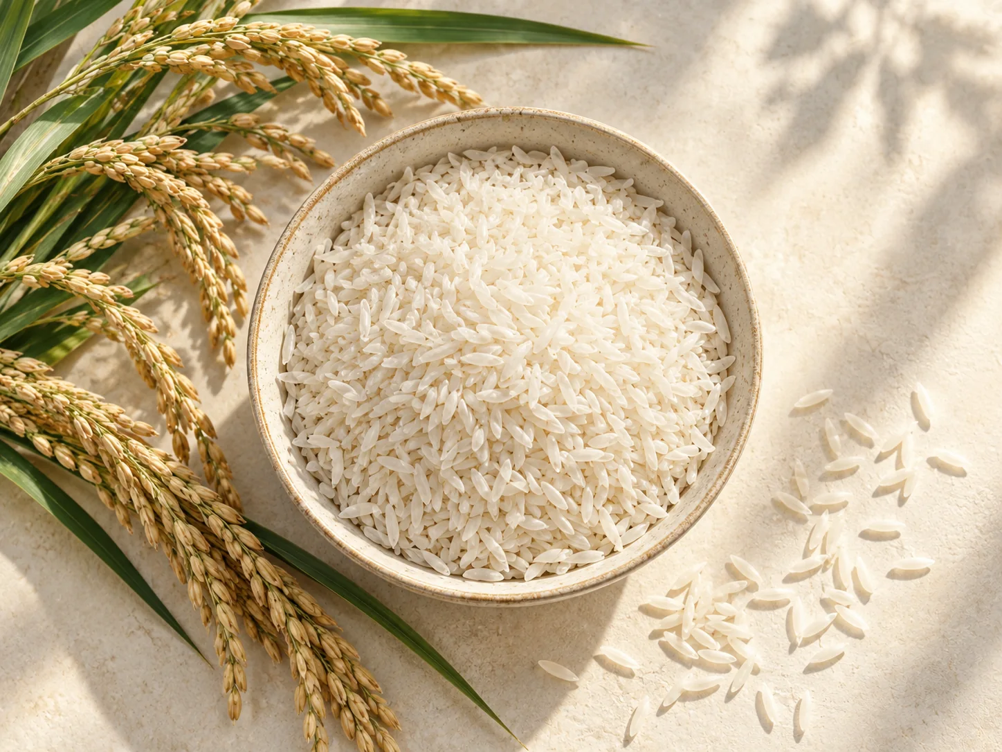 A bowl of uncooked white rice beside golden rice stalks.
