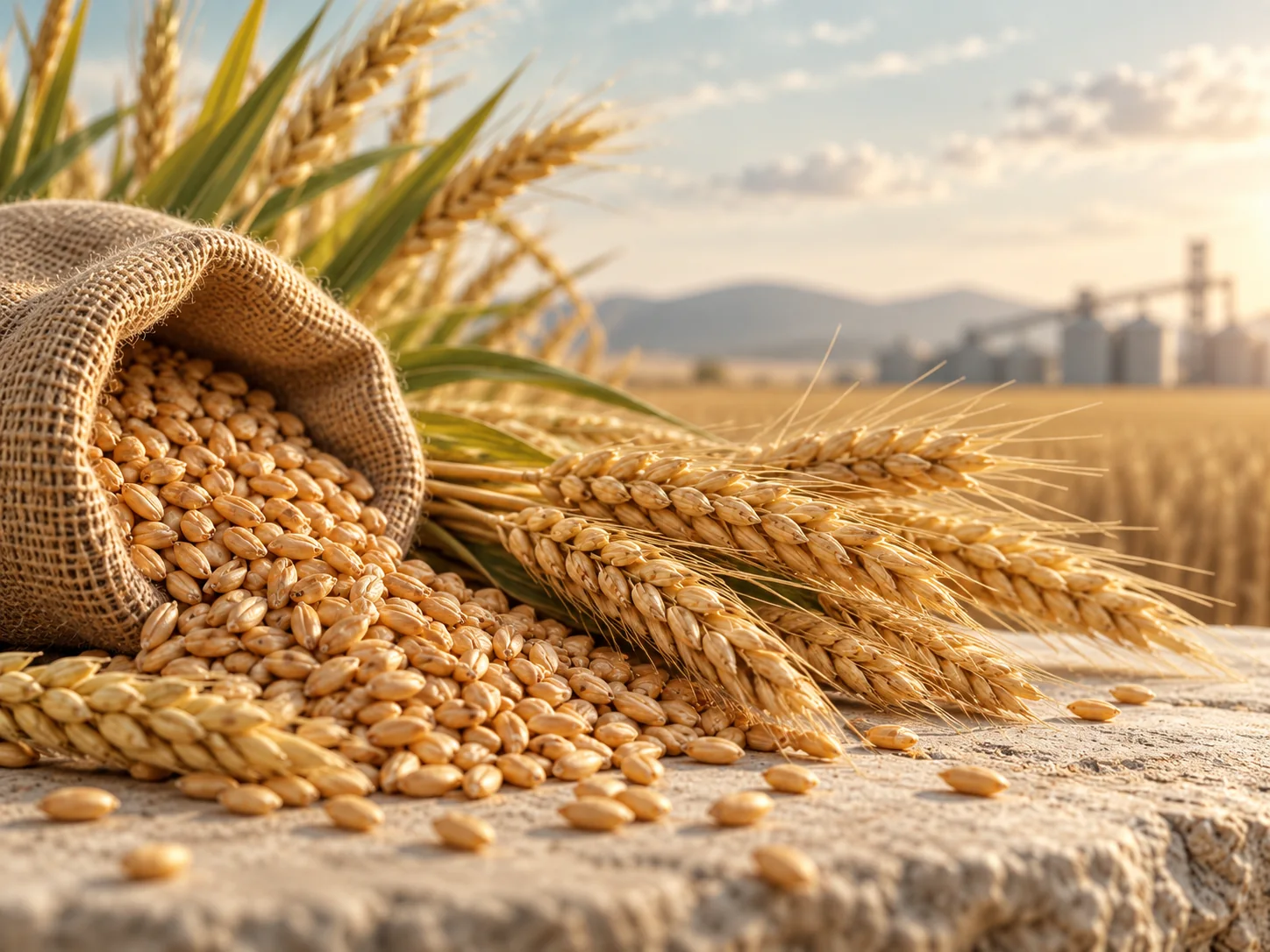 Wheat grains spilling from a sack beside golden wheat ears.